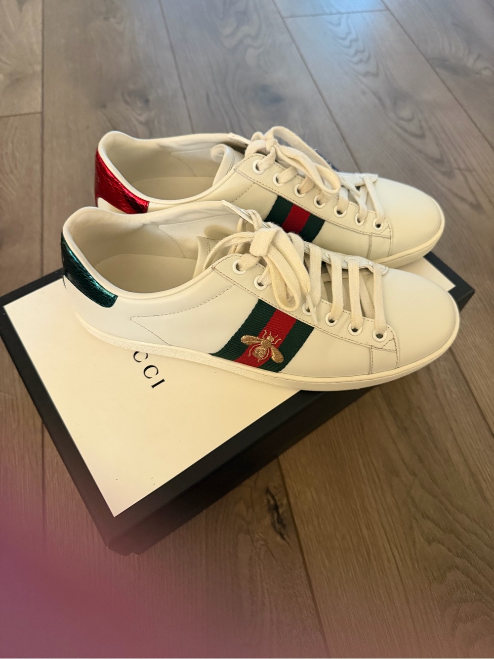 Gucci White Leather Sneakers with Red-Green Web and Bee Embroidery